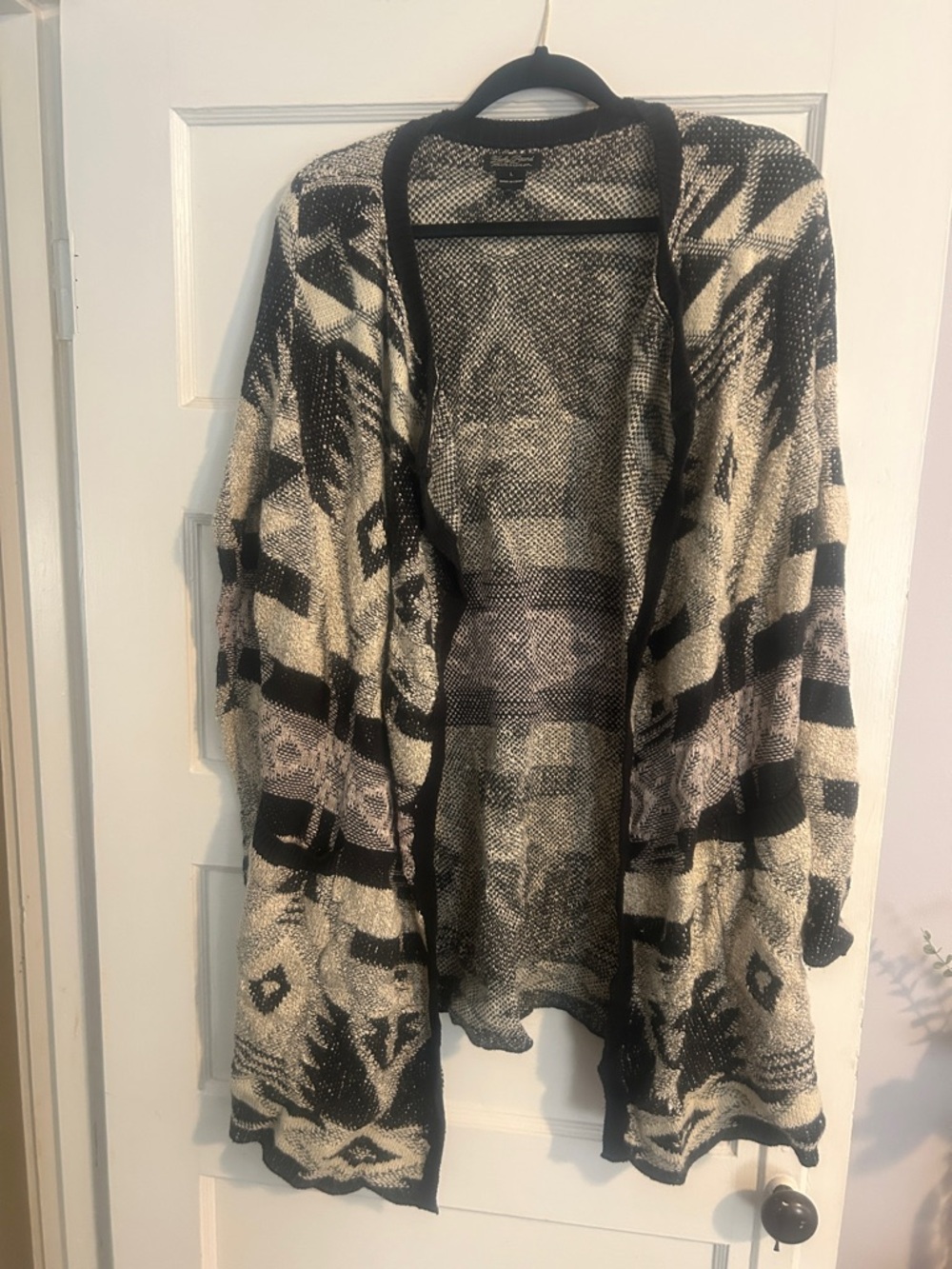 Lucky Brand Black & Cream Aztec Open-Front Cardigan